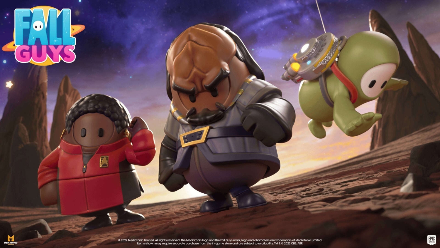 Three colourful Fall Guys characters in sci-fi themed costumes on a rocky planet surface under a starry sky