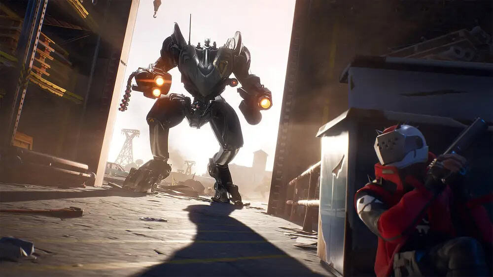 Armoured Fortnite character takes cover behind a metal container facing a large robotic enemy in an industrial setting