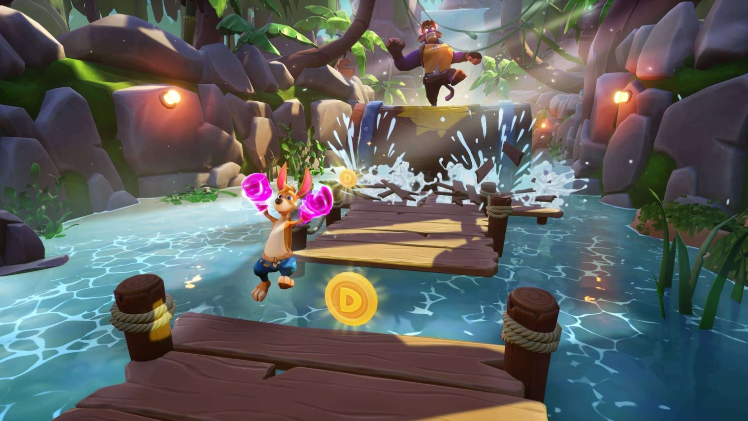 Animated kangaroo with glowing boxing gloves jumping on wooden dock over river water with coins floating