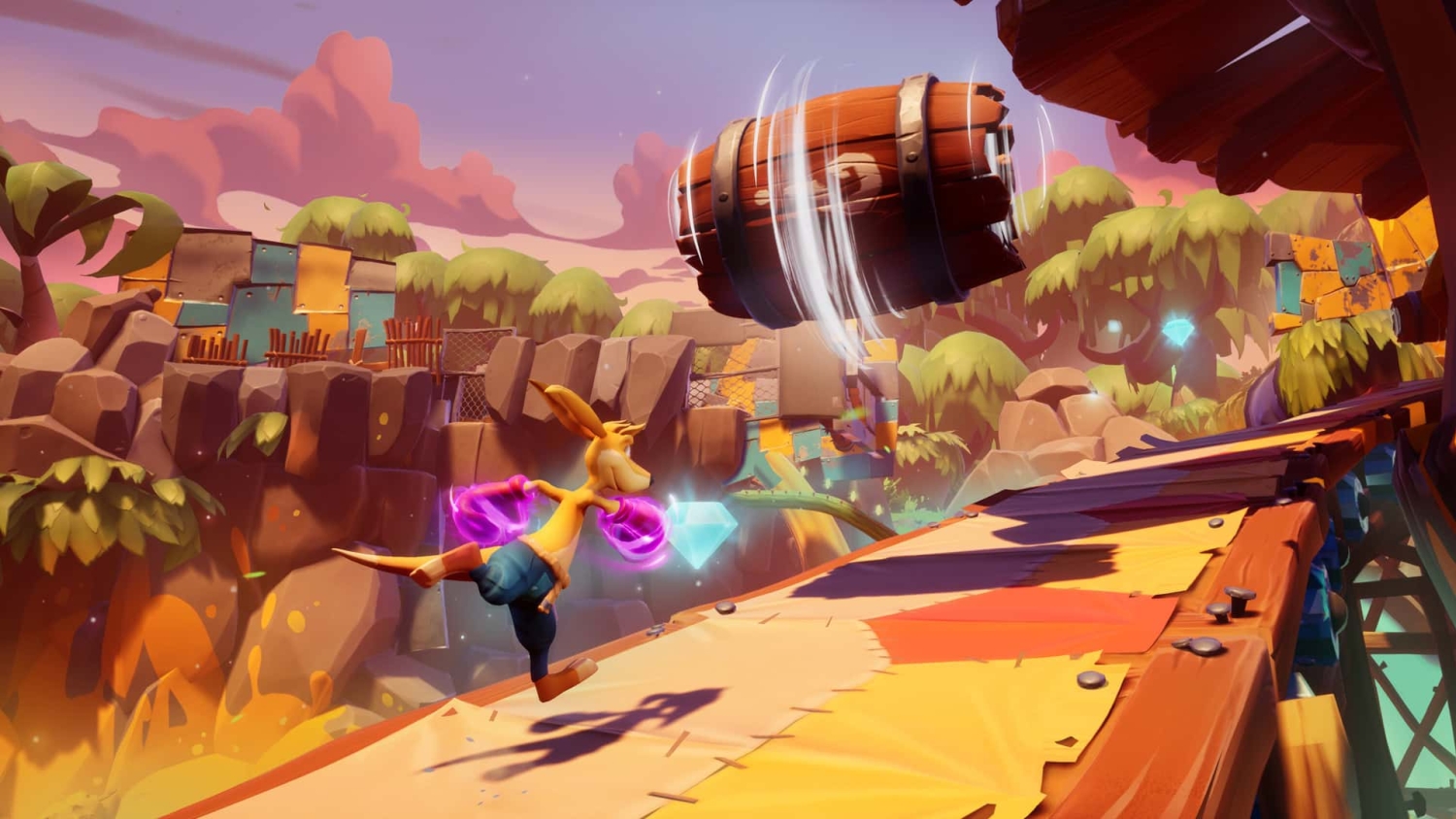 Animated kangaroo character with glowing boxing gloves punching a large wooden barrel in a vibrant game environment