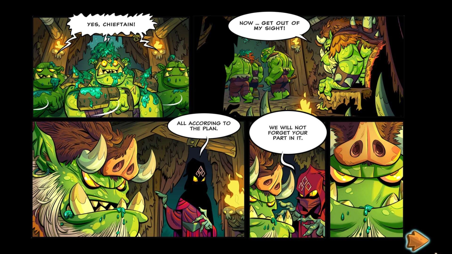 Comic panels with green orc creatures in a dark cave discussing a plan led by a horned chieftain and a hooded figure.