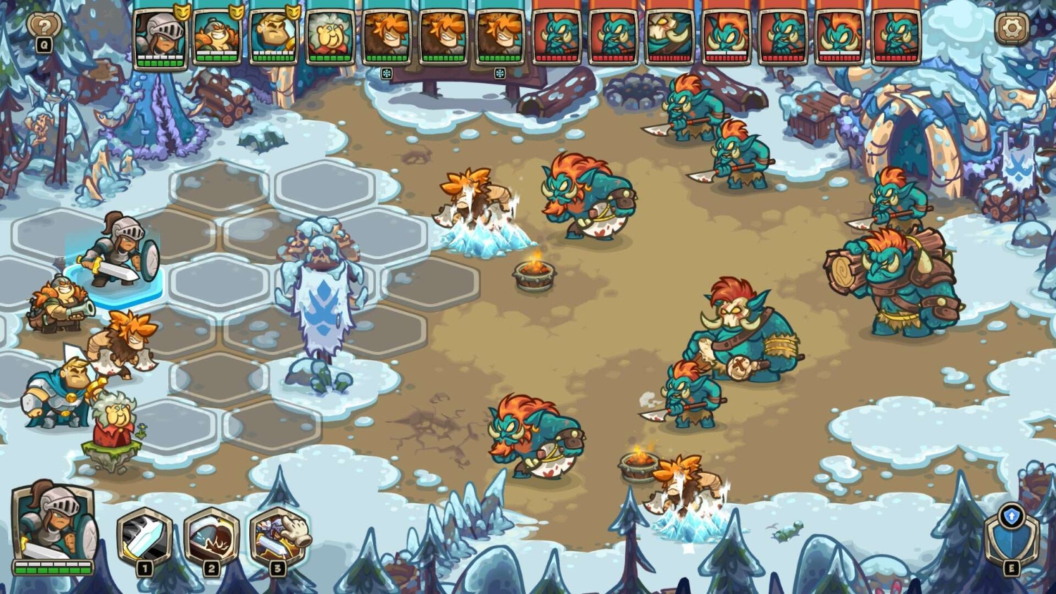 Heroes and goblin enemies face off on a snowy hex grid in a turn-based strategy game battle