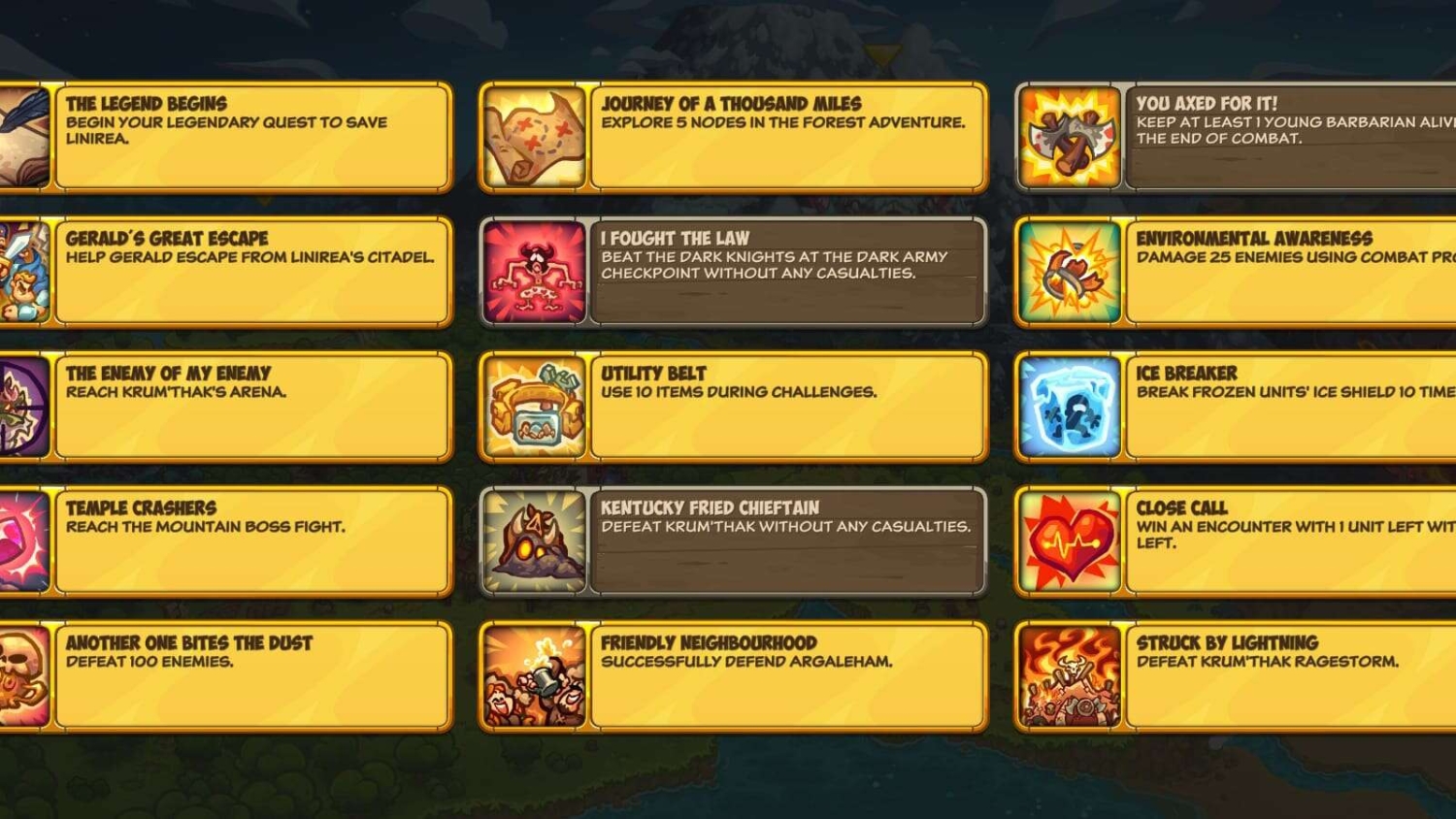 In-game screen showing various fantasy quest achievements and progress objectives with icons and descriptions