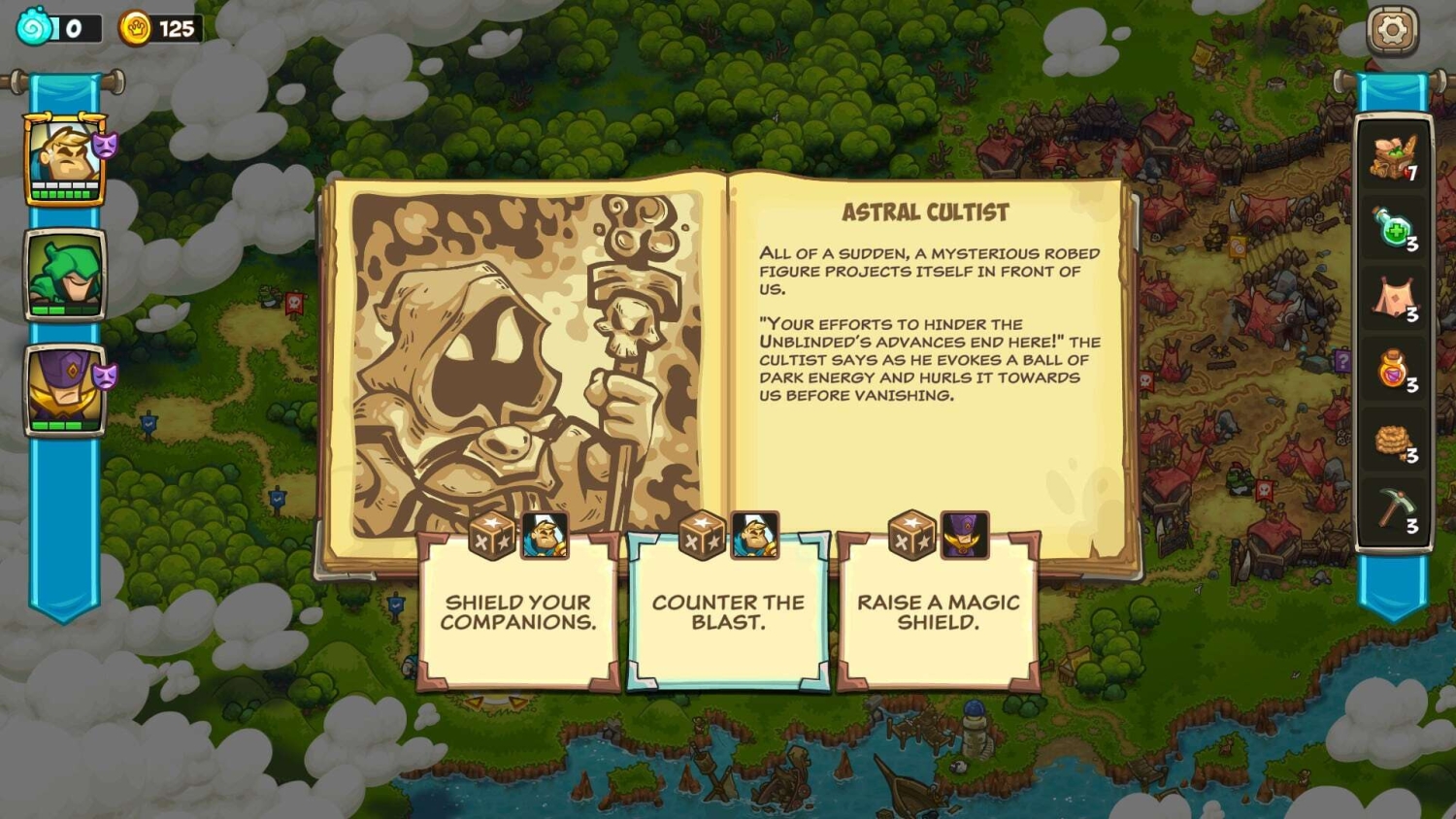 Open game book displays robed Astral Cultist and three dialogue options against a map background