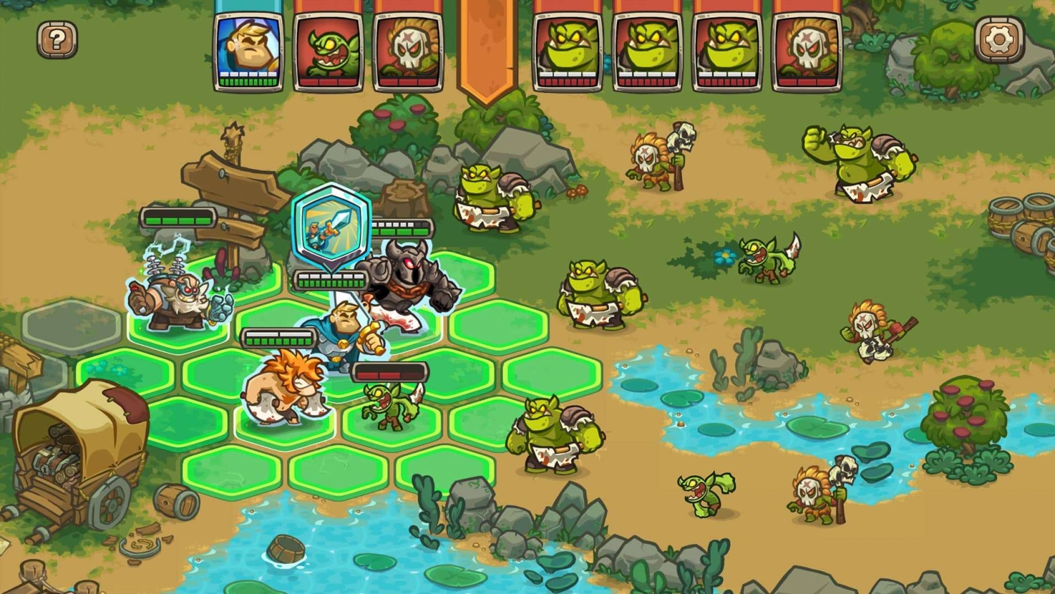 Turn-based battle on a hex grid with heroes and goblin monsters on grassy and rocky terrain near water