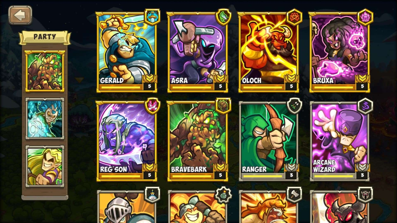 Colourful hero cards in a grid from a fantasy strategy game showing various characters with levels and icons
