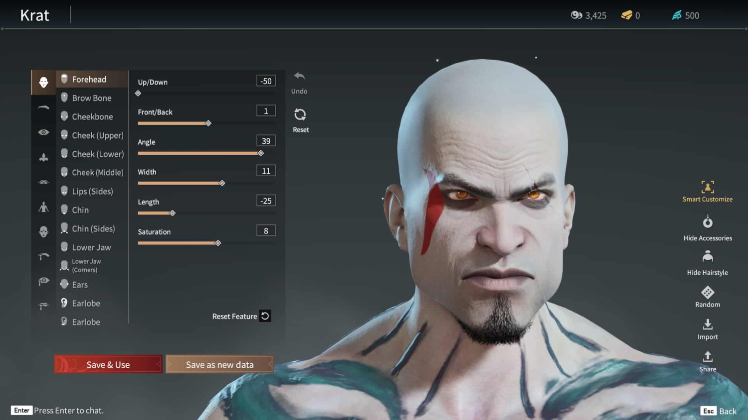 Detailed character face customisation screen with sliders adjusting forehead features and a bald male character with orange eyes and red face paint