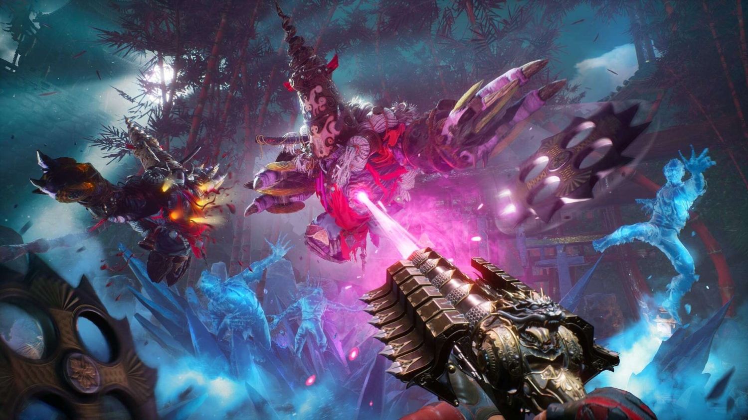First-person shooter firing a purple energy beam at a large monstrous enemy with claws in a dark, eerie forest setting