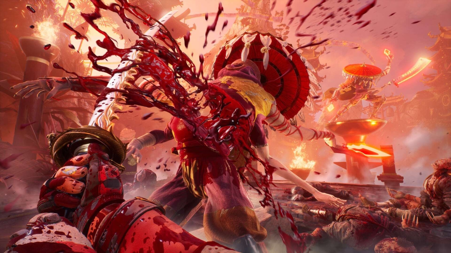 Close combat scene with characters in martial arts clothing and intense blood splatter