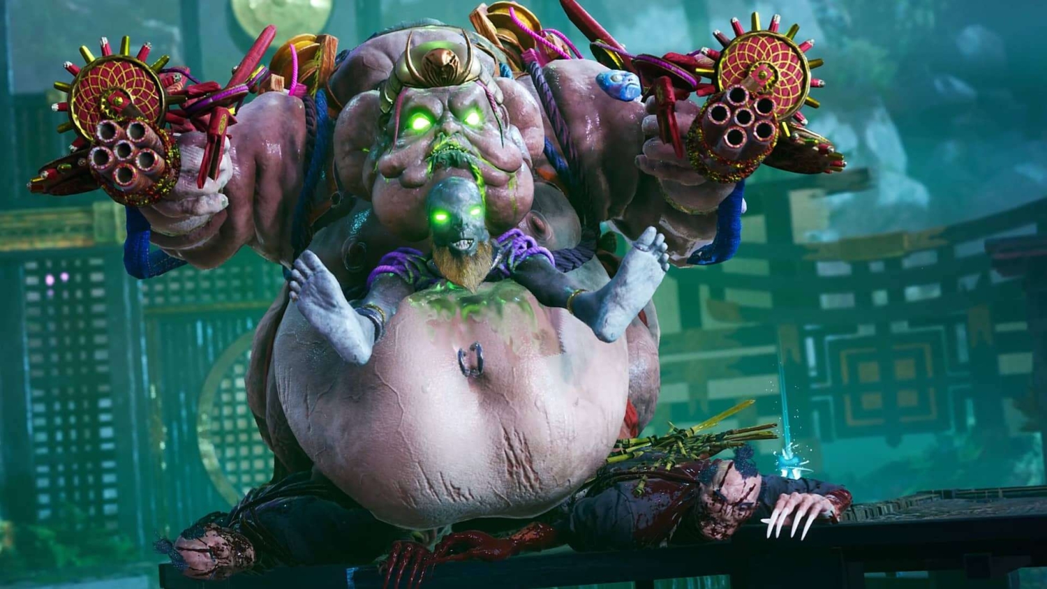 Large grotesque monster with glowing green eyes holds a smaller creature with similar eyes while wielding dual multi-barrelled weapons