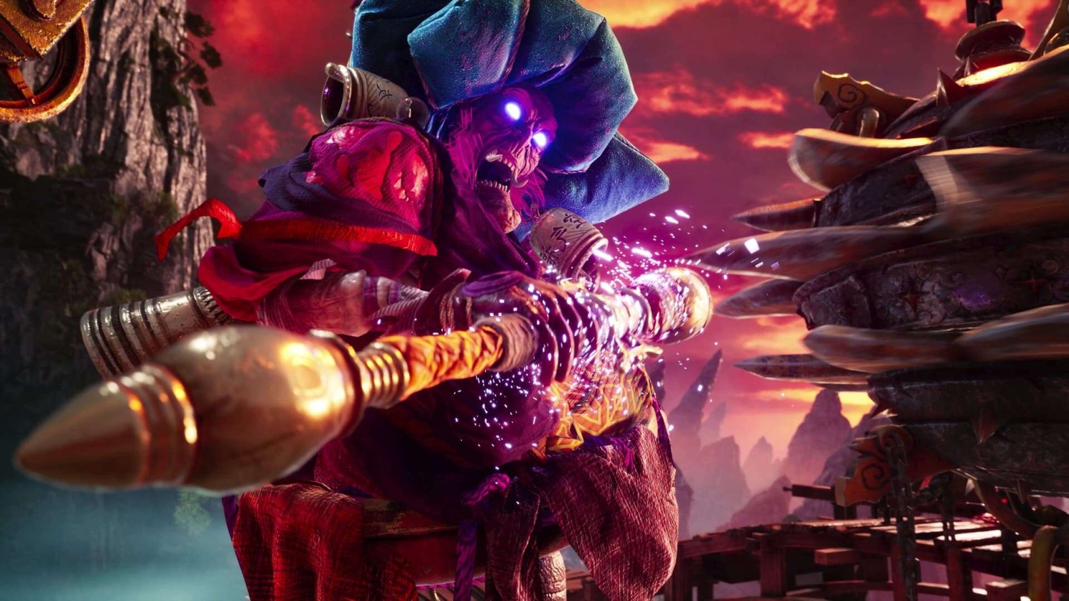 Demonic figure with glowing eyes attacks with a glowing magical spear in a fiery mountainous landscape