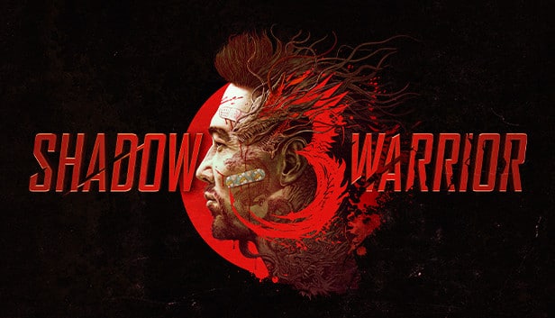 Shadow Warrior 3 game logo featuring a side profile of a man's head with red, swirling graphic elements