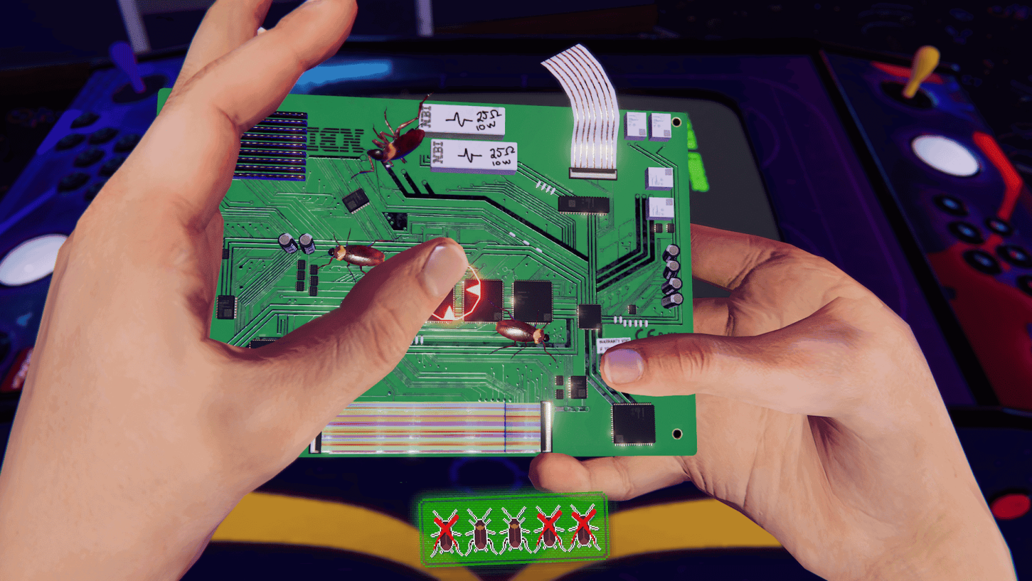 Two hands holding a green circuit board with three cockroaches under colourful arcade lights