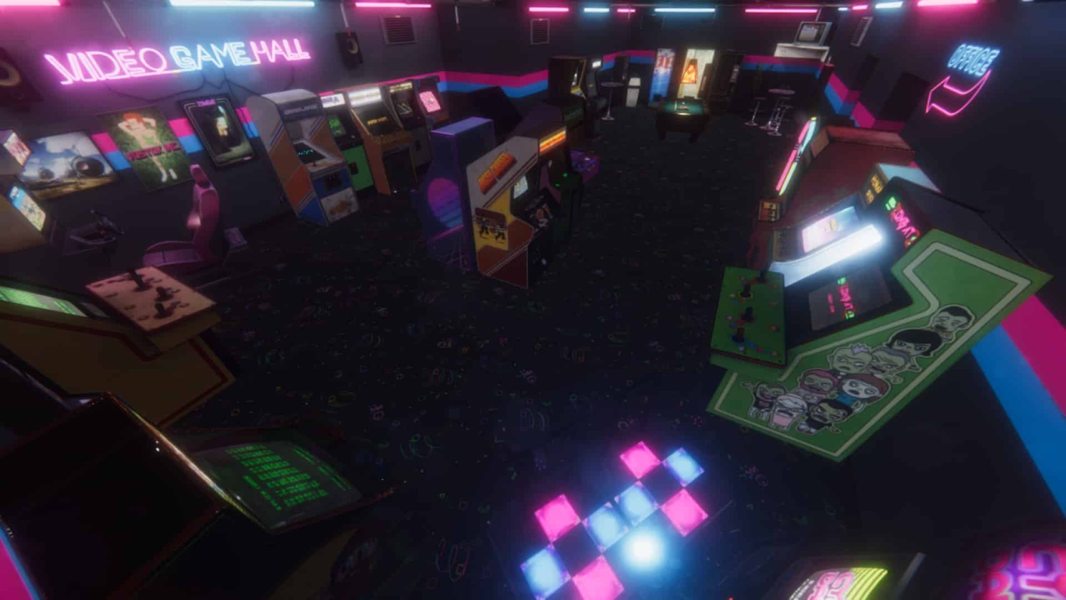 Dimly lit arcade with retro gaming machines and neon lights along the walls and floor
