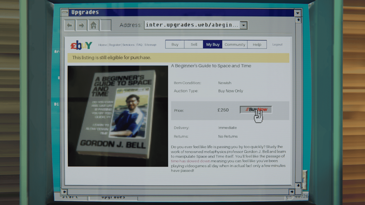 Ebay-style webpage showing a book called A Beginner's Guide to Space and Time priced at £250 with a cursor hovering over Buy Now button