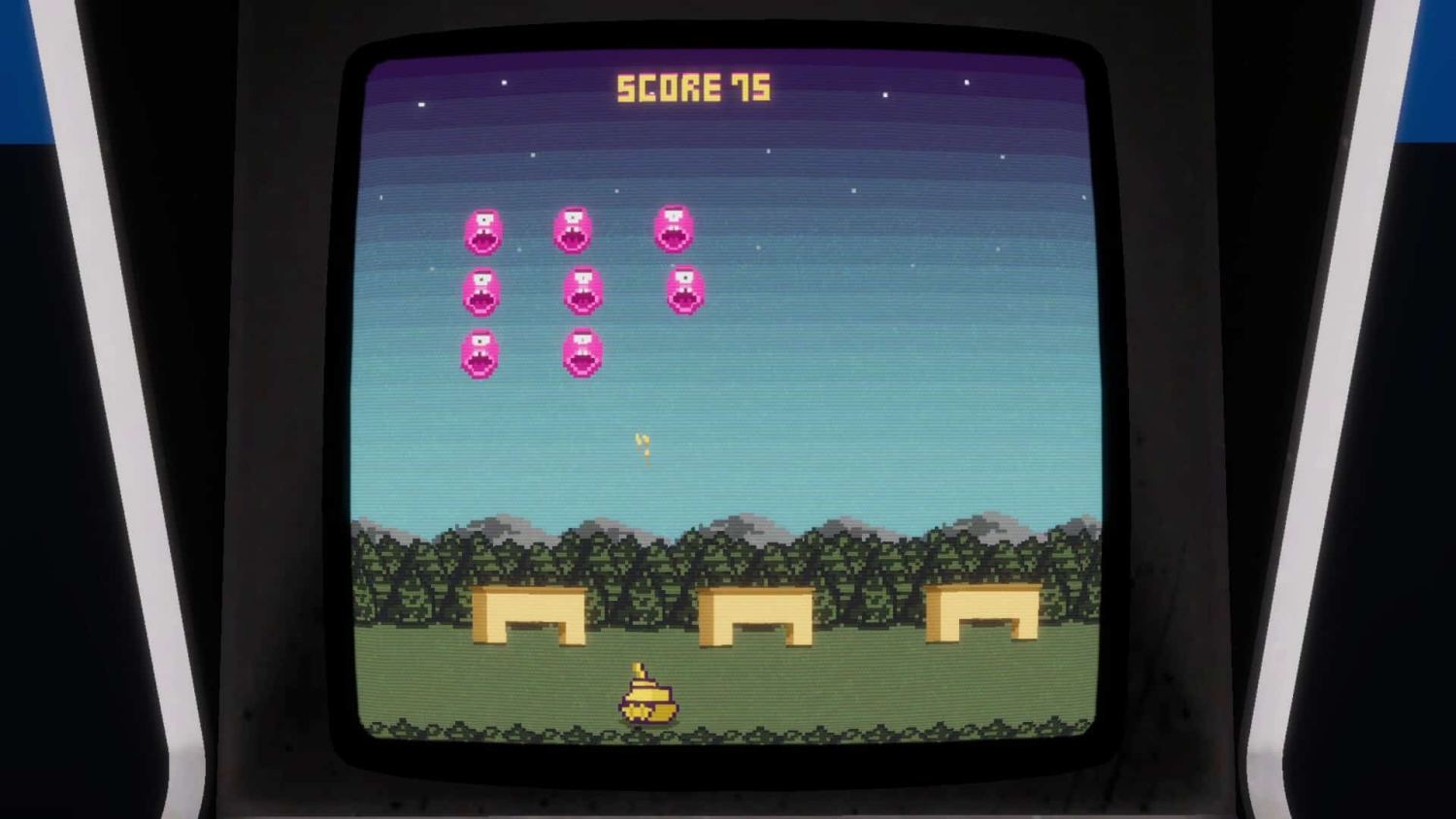 Retro arcade screen showing a pixel art wave shooter game with a score of 75