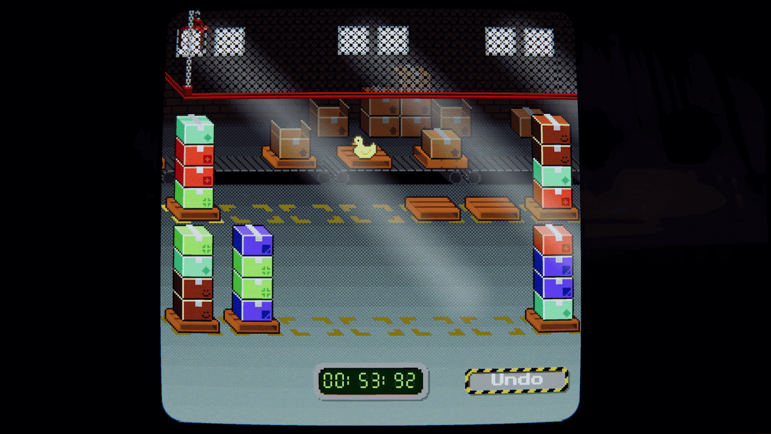 Pixel art warehouse with colourful stacked boxes and a yellow rubber duck on pallets under windows