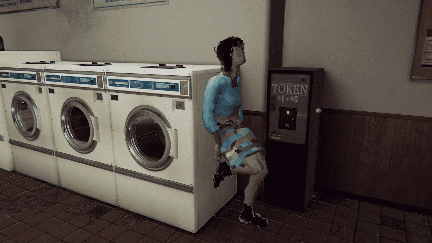 Low-poly person in blue top and skirt sitting on washing machine edge beside token machine in laundrette