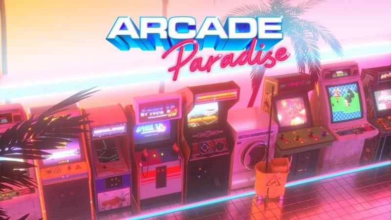 Neon-lit arcade cabinets lined up with colourful screens displaying classic game graphics under a glowing 'Arcade Paradise' sign