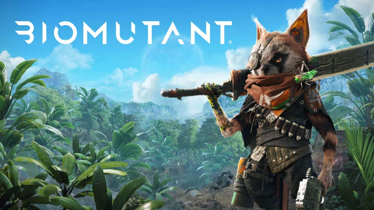 Anthropomorphic animal character holding large weapon over shoulder in a lush green environment under blue sky