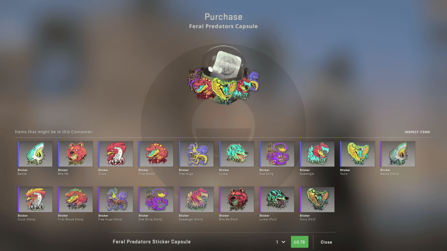 Purchase interface showing animal-themed sticker capsule featuring shark, bear, bird, octopus, and reptile designs in holographic and foil styles.