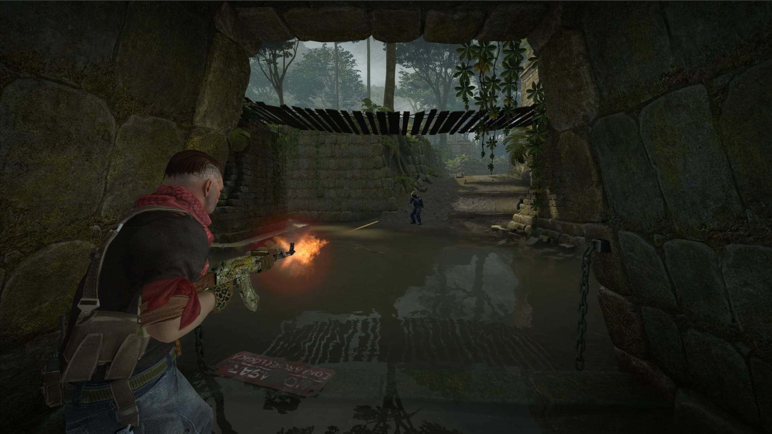 Player firing an assault rifle at an opponent in a swampy jungle ruins under a wooden bridge