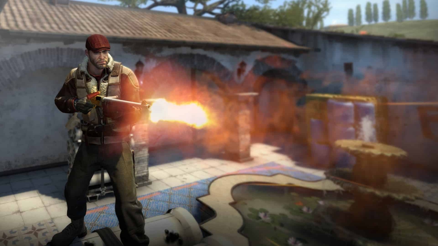 Man in brown jacket and red hat firing a shotgun with visible muzzle flash inside a tiled room