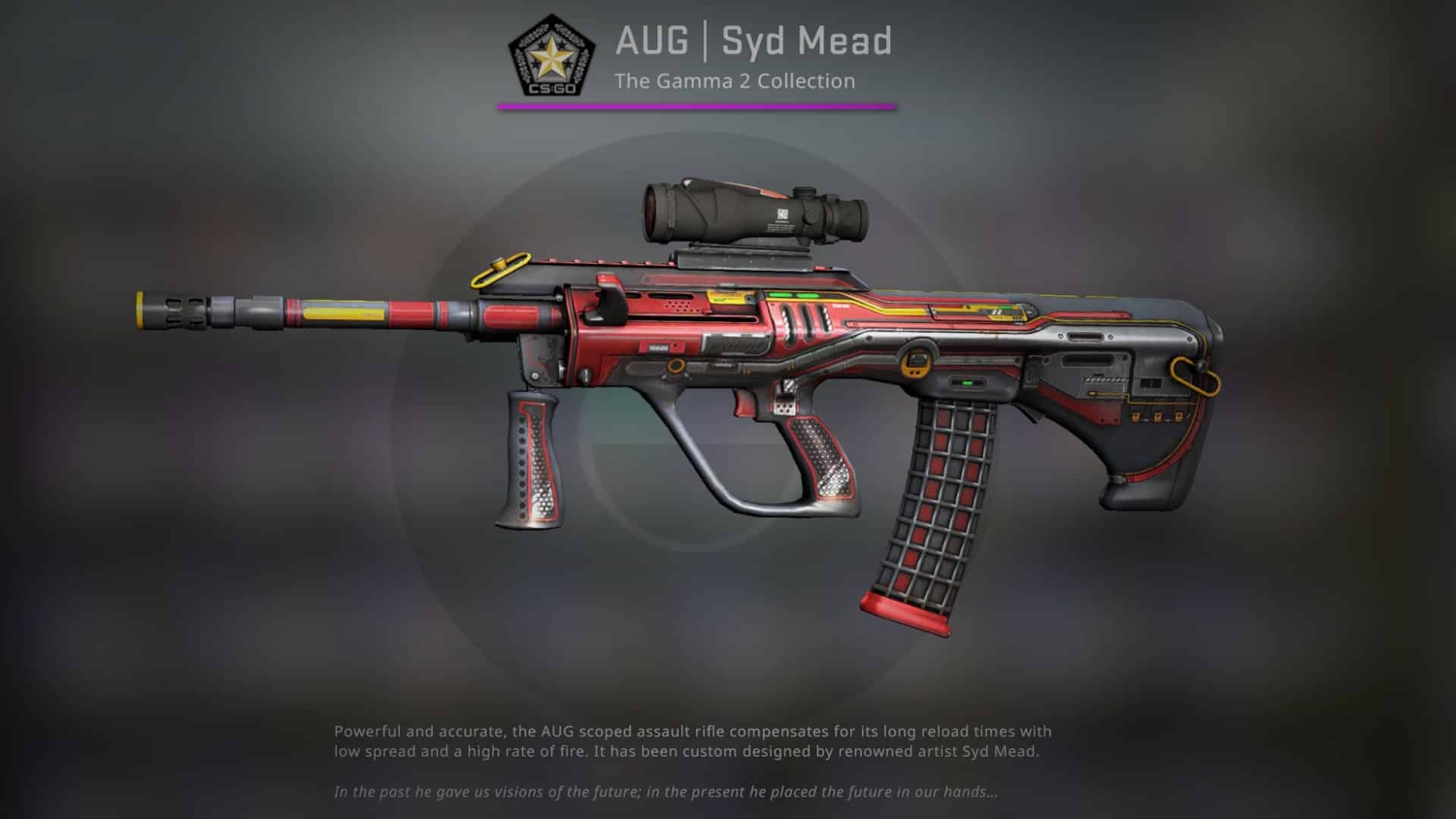AUG assault rifle with red, black and yellow futuristic design and attached scope