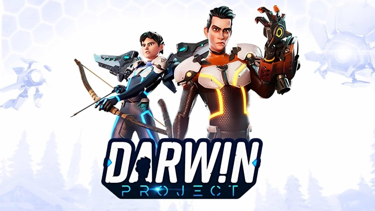 Two futuristic characters from Darwin Project standing with weapons in a snowy environment, one holding a bow and arrow and the other a mechanical gauntlet