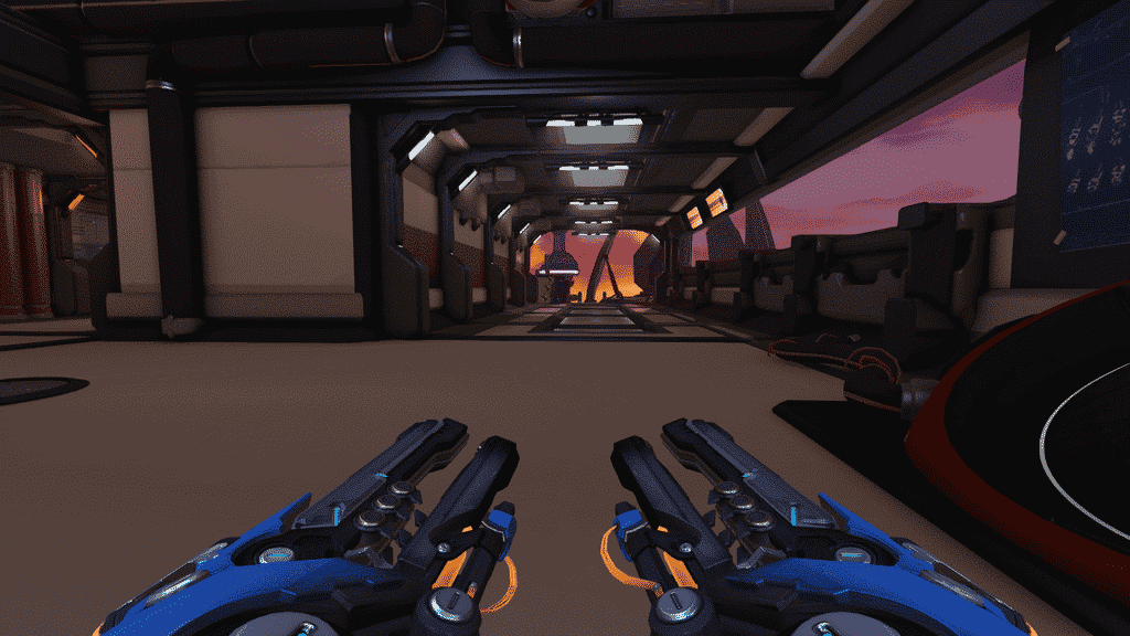 View down a futuristic corridor at sunset, two blue pistols held in first-person shooter perspective