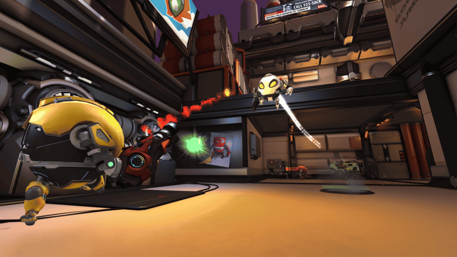 Two robotic characters fighting with weapons that shoot red and green projectiles inside a confined futuristic indoor space