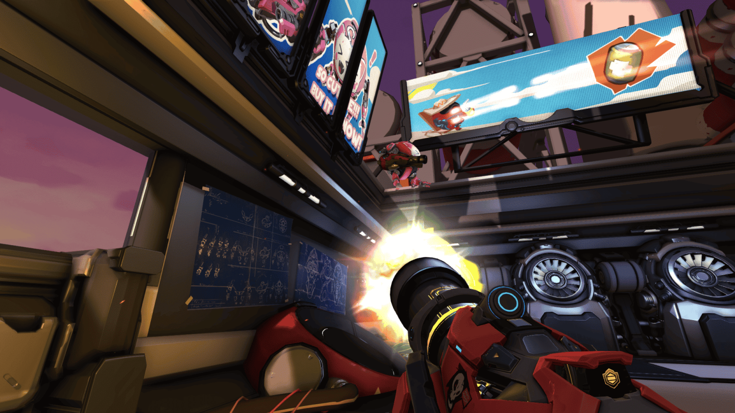 First-person view firing a weapon at an enemy crouched on a rooftop with bright digital billboards overhead
