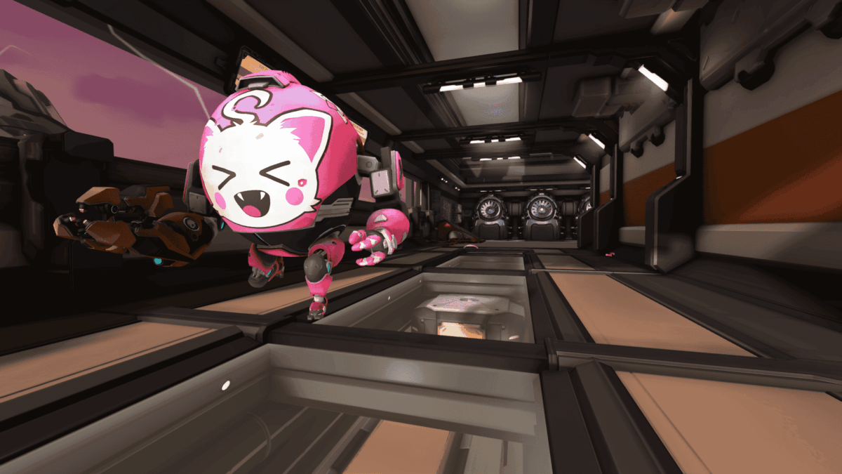 A pink mech robot with a cat face design on helmet walking in a futuristic corridor with industrial design