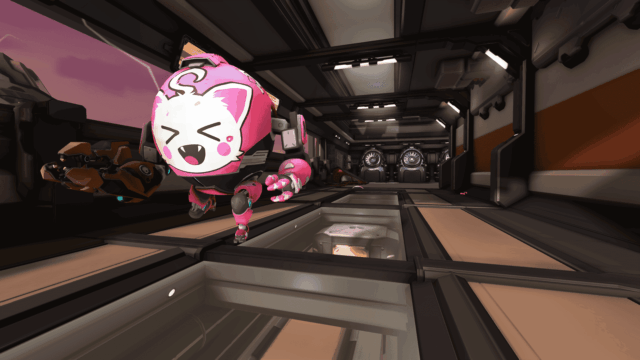 A pink mech robot with a cat face design on helmet walking in a futuristic corridor with industrial design