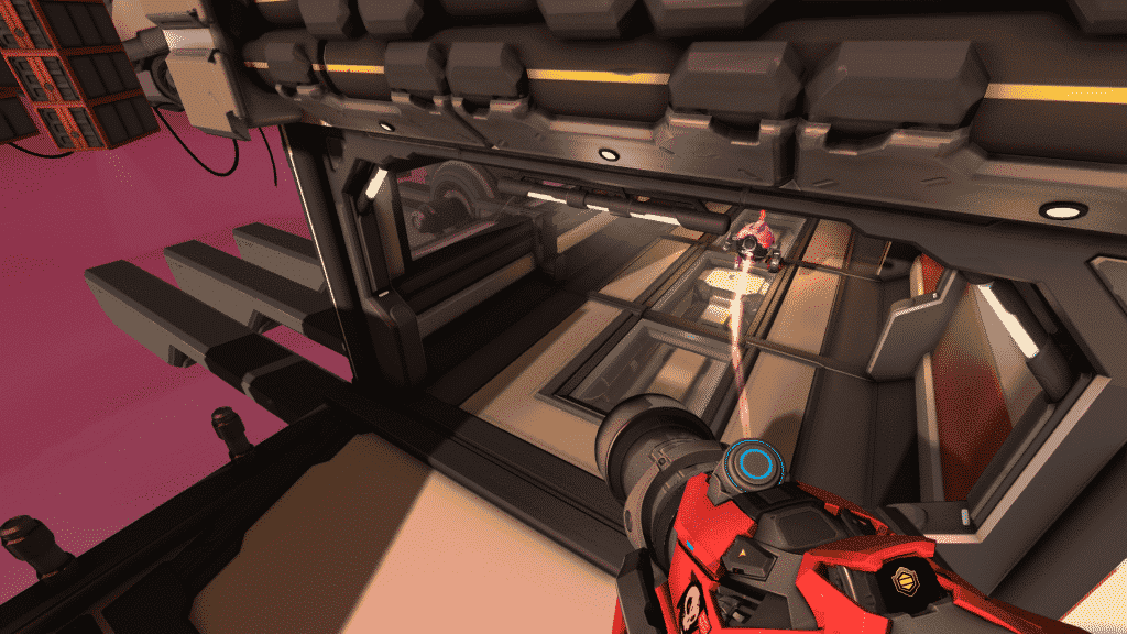First-person perspective firing a glowing weapon at an enemy in a futuristic indoor arena