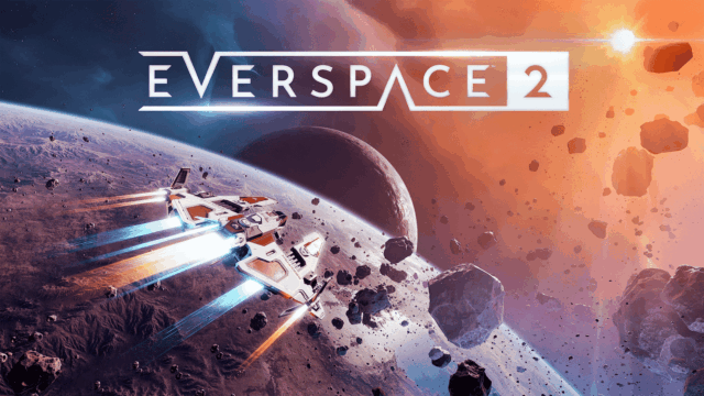 Spaceship flying through an asteroid field near a planet with the Everspace 2 logo above