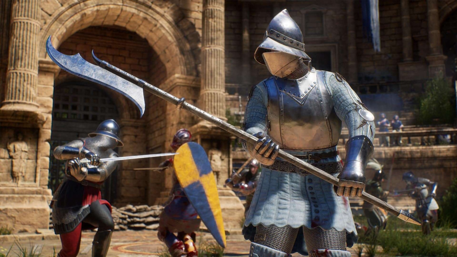 Armoured medieval knight wielding a large polearm in a stone arena with other combatants fighting in the background