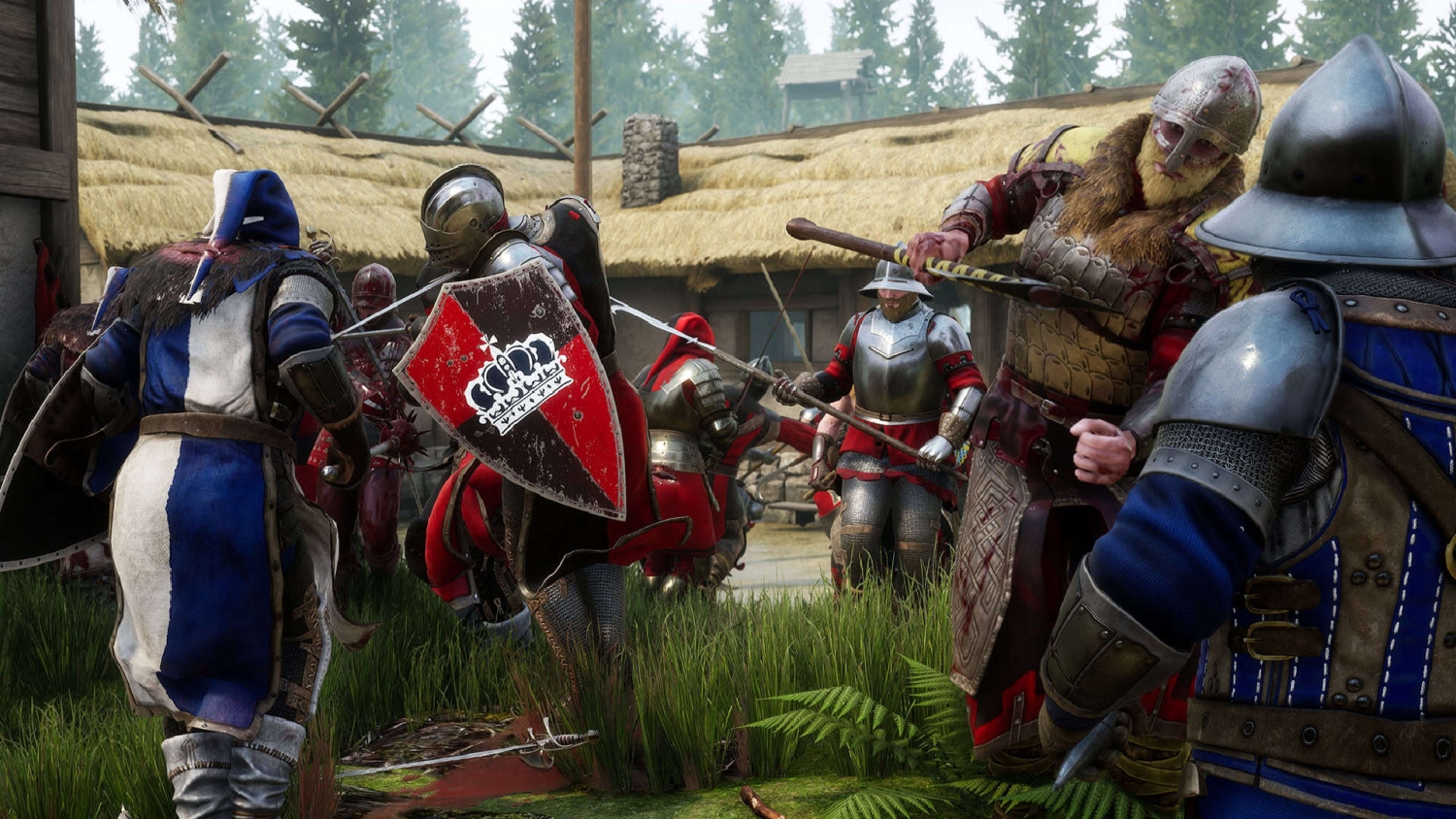 Armoured medieval soldiers engaged in close combat with weapons near thatched houses in a forest village