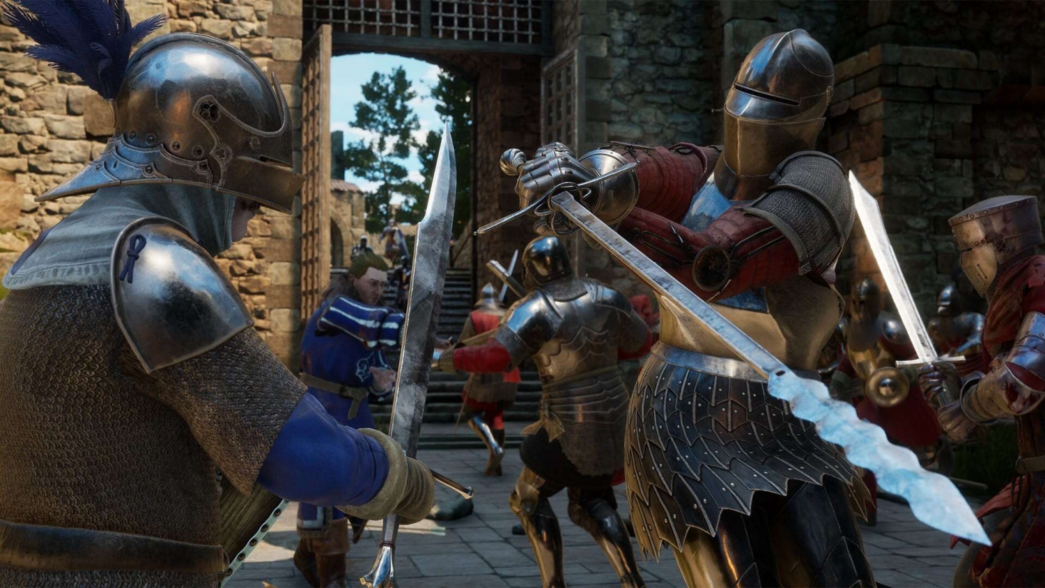 Armoured knights fight with swords in a stone fortress courtyard under a gate with people clashing in the background