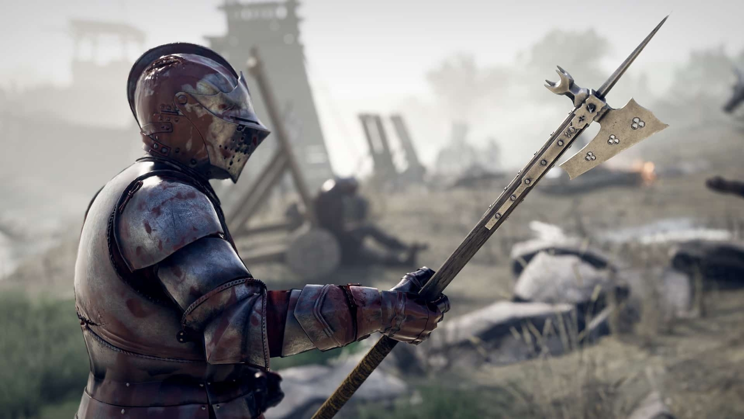 Armoured knight holding a detailed halberd stands on a foggy battlefield with siege weapons in the background