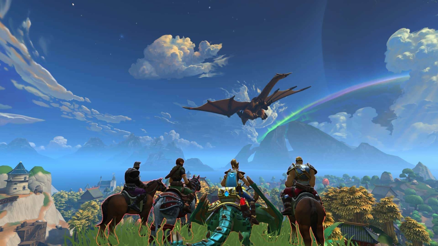 Four characters on mounts looking towards a dragon flying over a fantasy mountain landscape under a cloudy blue sky