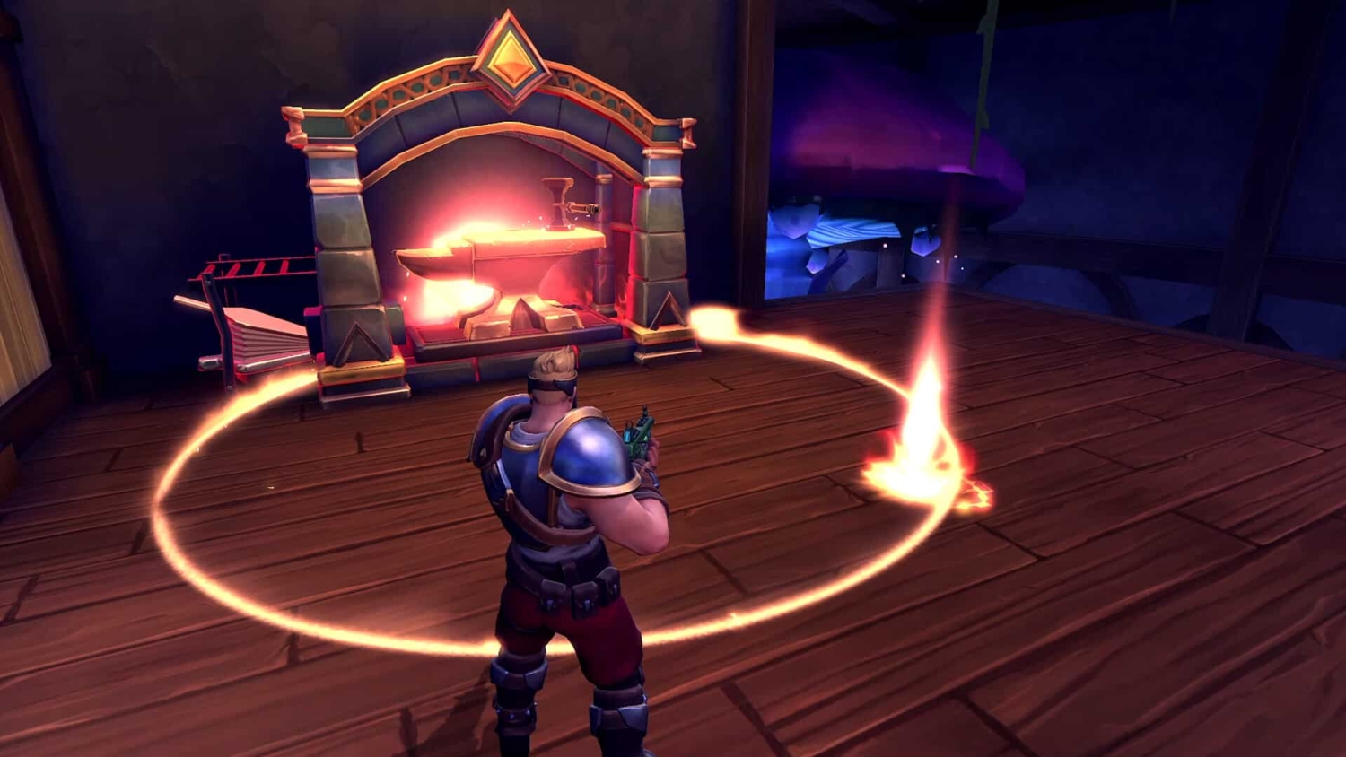 Armoured character with a gun stands near a glowing forge surrounded by a ring of fire in a wooden room