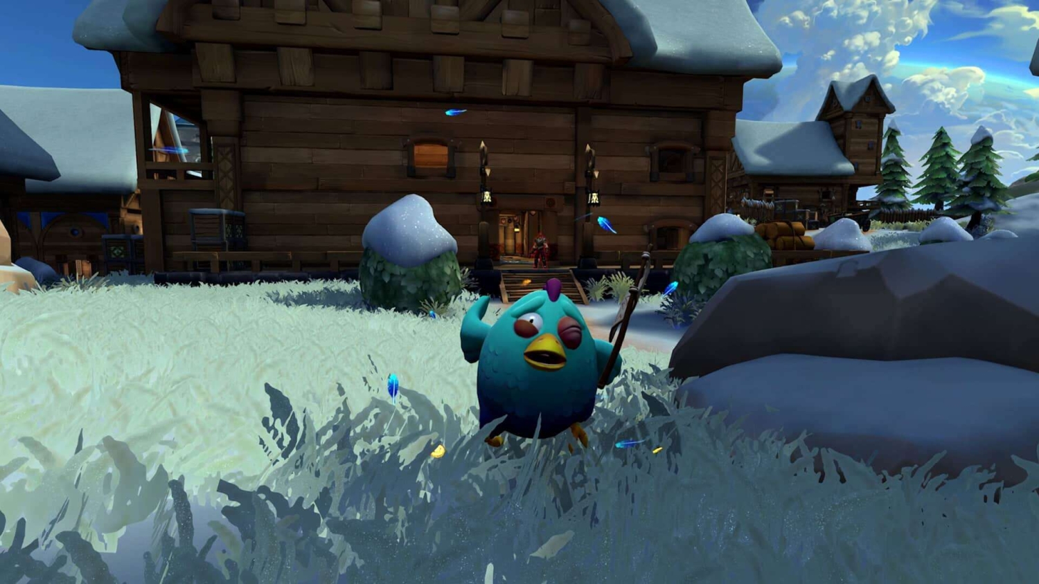 Cartoonish blue chicken holding a wooden staff in front of a snow-covered wooden house with lit windows