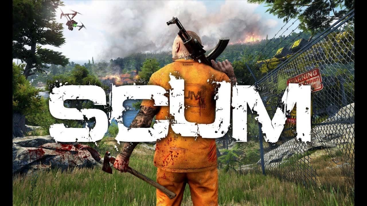 A tattooed character in an orange prison outfit holding an axe with a rifle slung over his shoulder, standing in front of a chain-link fence near a forest fire