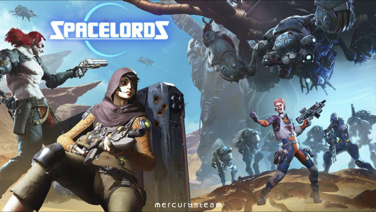 Four armed characters face off against robotic enemies under a clear blue sky in a futuristic battle scene
