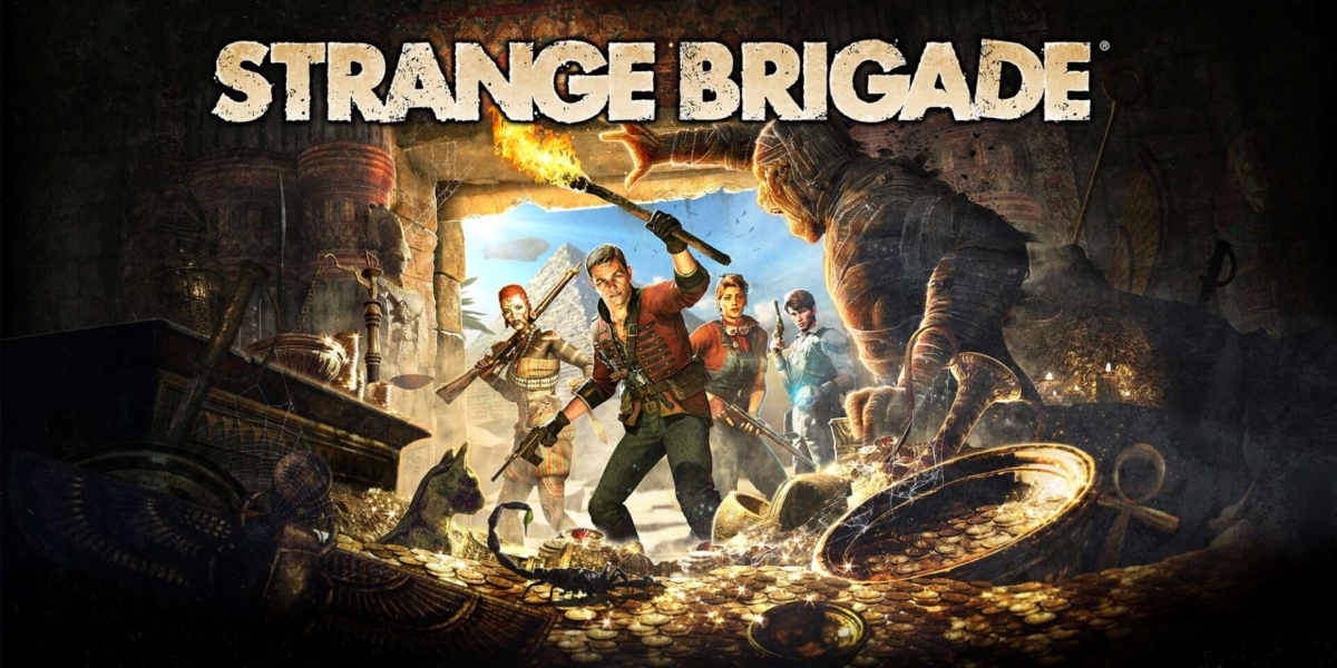 Four adventurers facing an ancient mummy surrounded by gold coins and Egyptian artefacts with pyramids in the background