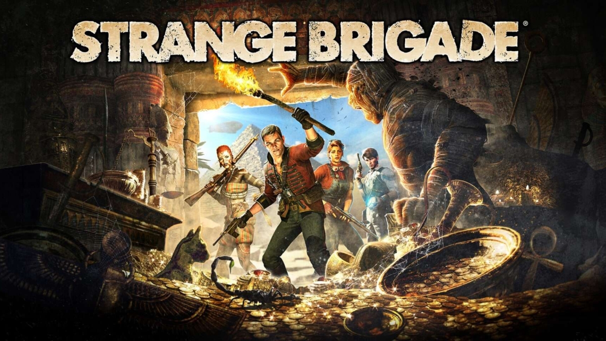Four adventurers facing an ancient mummy surrounded by gold coins and Egyptian artefacts with pyramids in the background