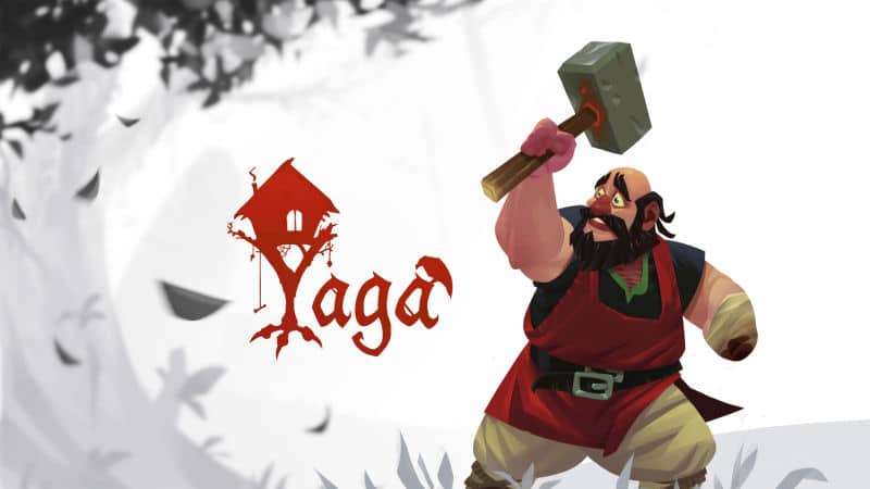 Animated blacksmith holding large hammer above head beside the Yaga game logo