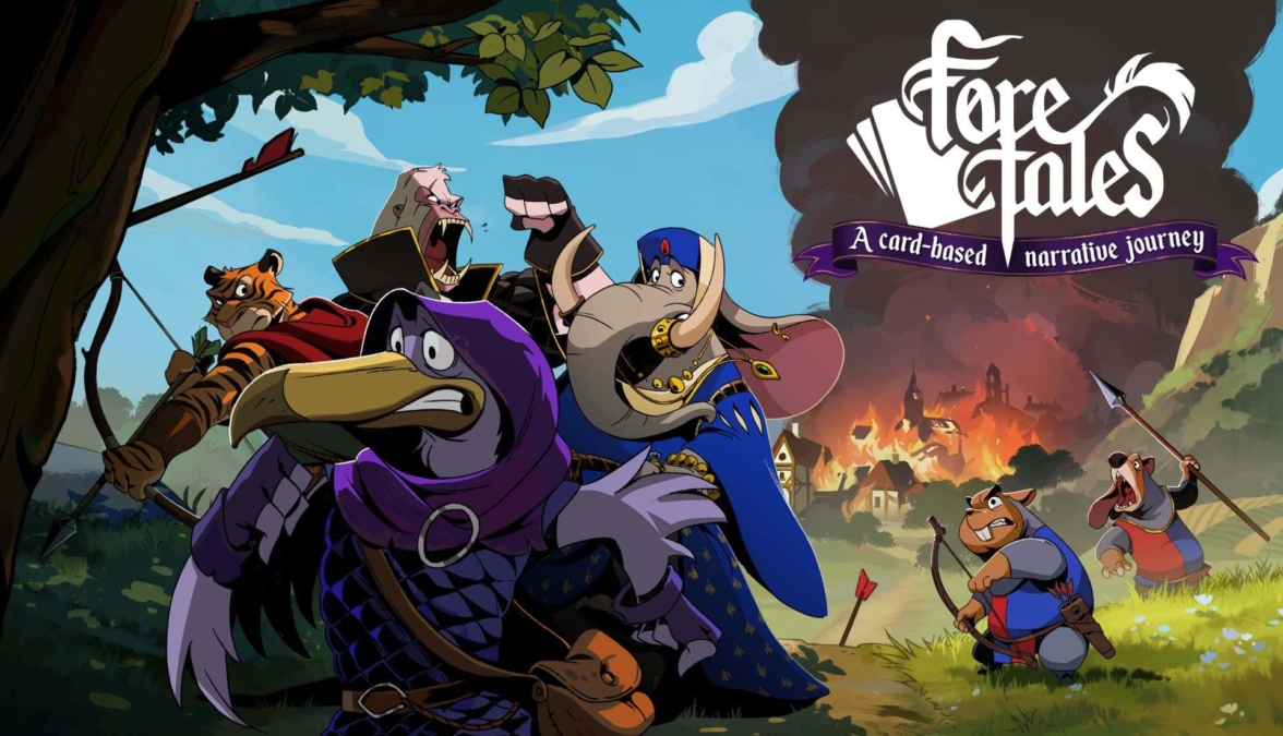 Animated characters including a crow, tiger, elephant, and others in a forest with village burning and game logo