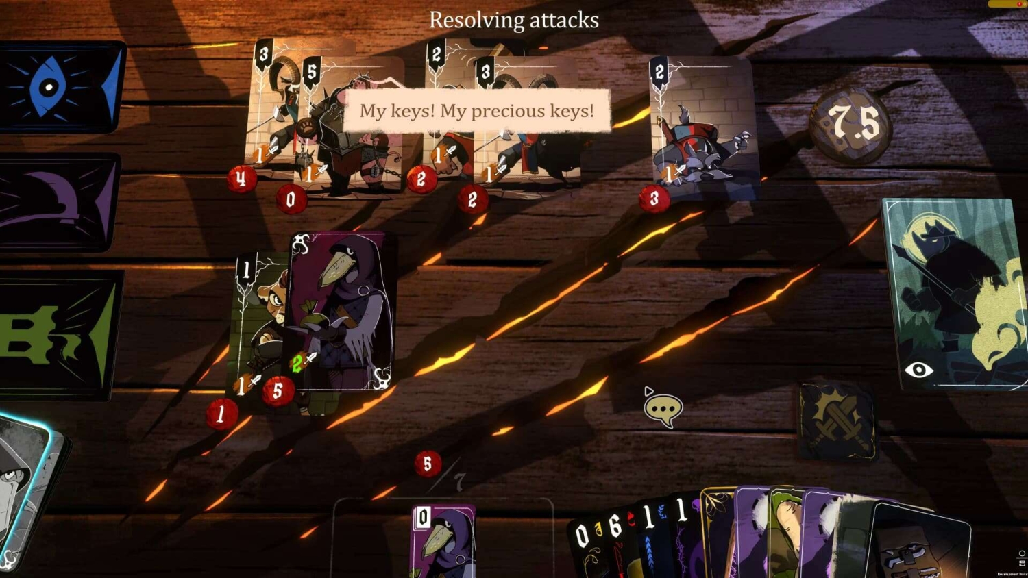 Cards with character art and damage points on a wooden game table during attack resolution